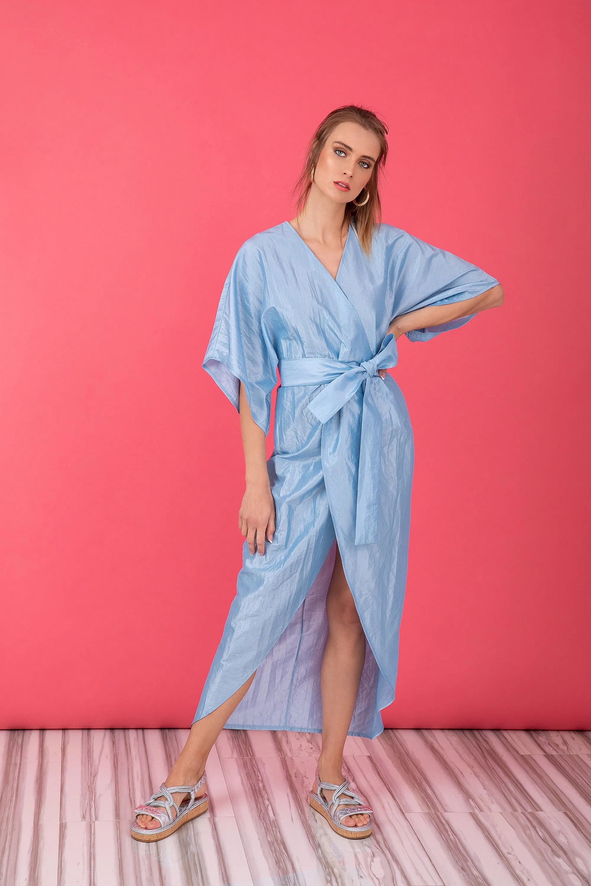 Blue Taffeta Dress, Kimono Dress With Wide Sleeves, Wrap Midi Dress, Tulip Dress With Belt, Blue Maxi Dress, Blue Wrap Dress, Blue Kimono