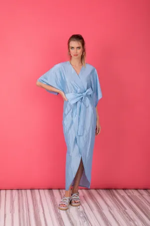 Blue Taffeta Dress, Kimono Dress With Wide Sleeves, Wrap Midi Dress, Tulip Dress With Belt, Blue Maxi Dress, Blue Wrap Dress, Blue Kimono