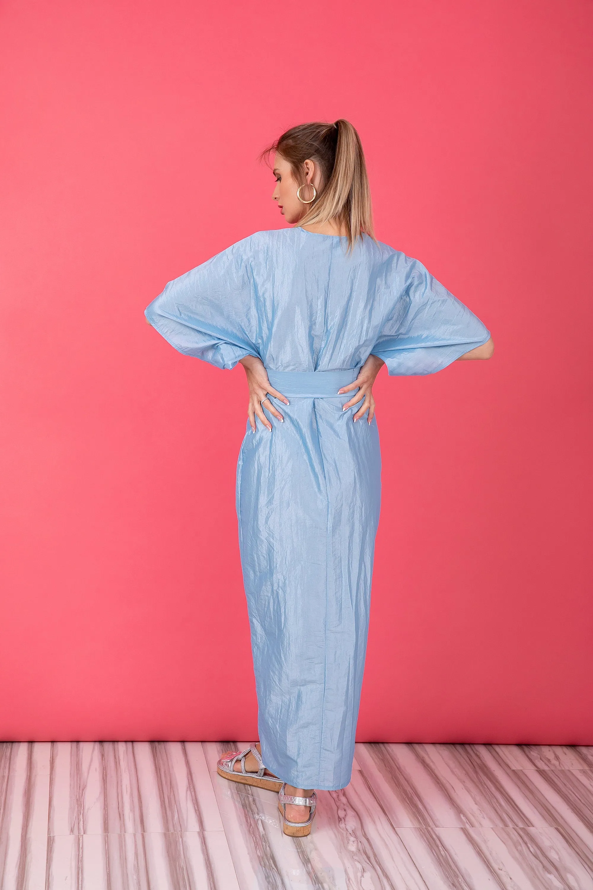 Blue Taffeta Dress, Kimono Dress With Wide Sleeves, Wrap Midi Dress, Tulip Dress With Belt, Blue Maxi Dress, Blue Wrap Dress, Blue Kimono