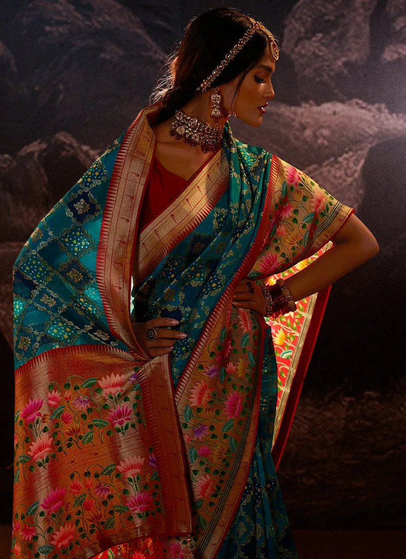 Blue Weaved And Printed Traditional Jacquard Silk Saree