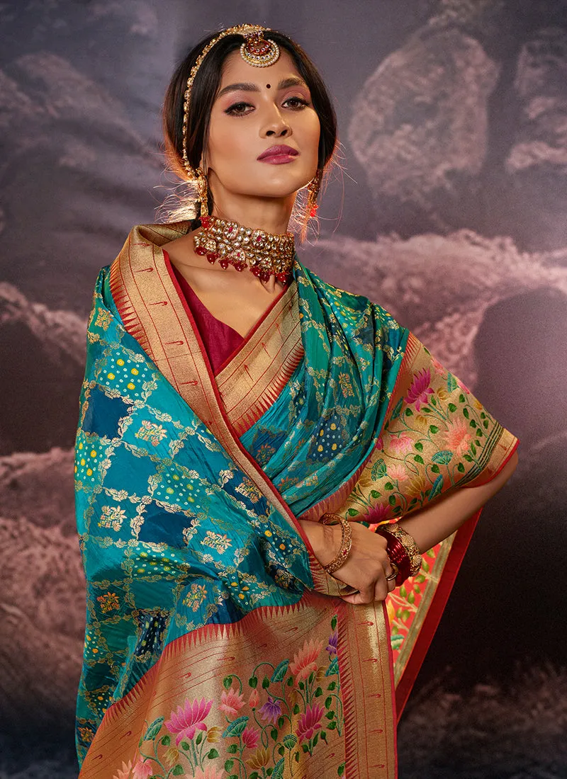 Blue Weaved And Printed Traditional Jacquard Silk Saree