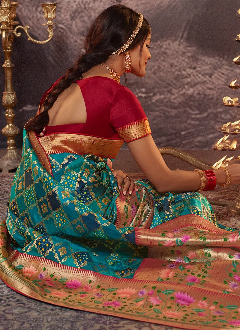 Blue Weaved And Printed Traditional Jacquard Silk Saree