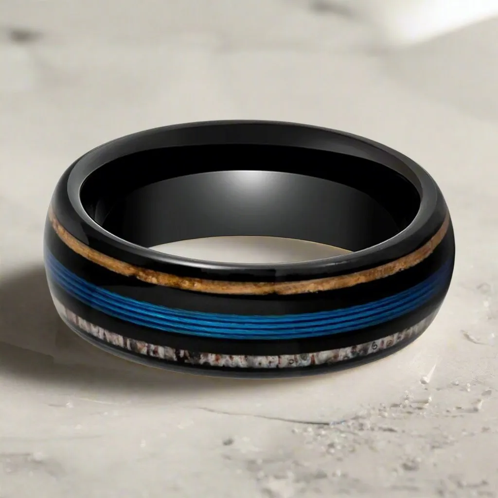 BLUEBARK | Black Tungsten Ring, Koawood, Blue Wire & Deer Antler Inlay, Domed