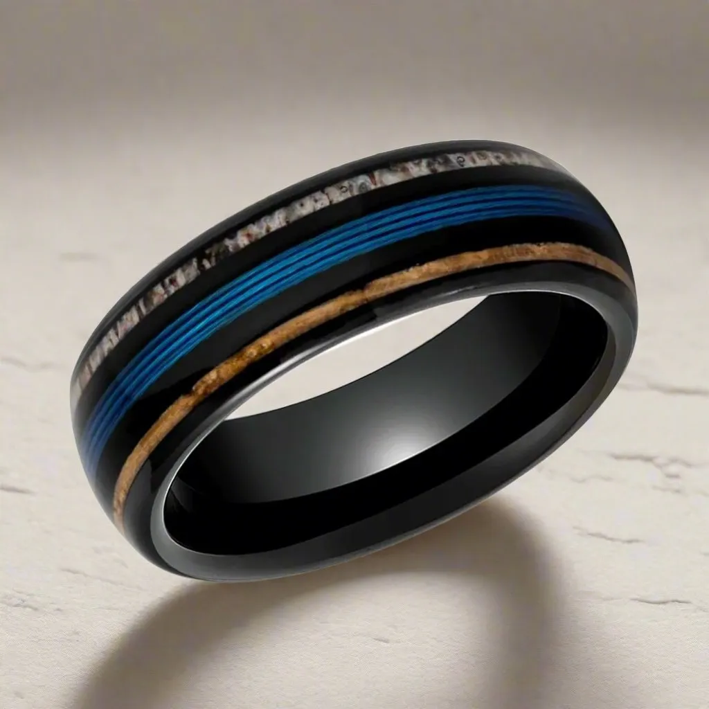 BLUEBARK | Black Tungsten Ring, Koawood, Blue Wire & Deer Antler Inlay, Domed