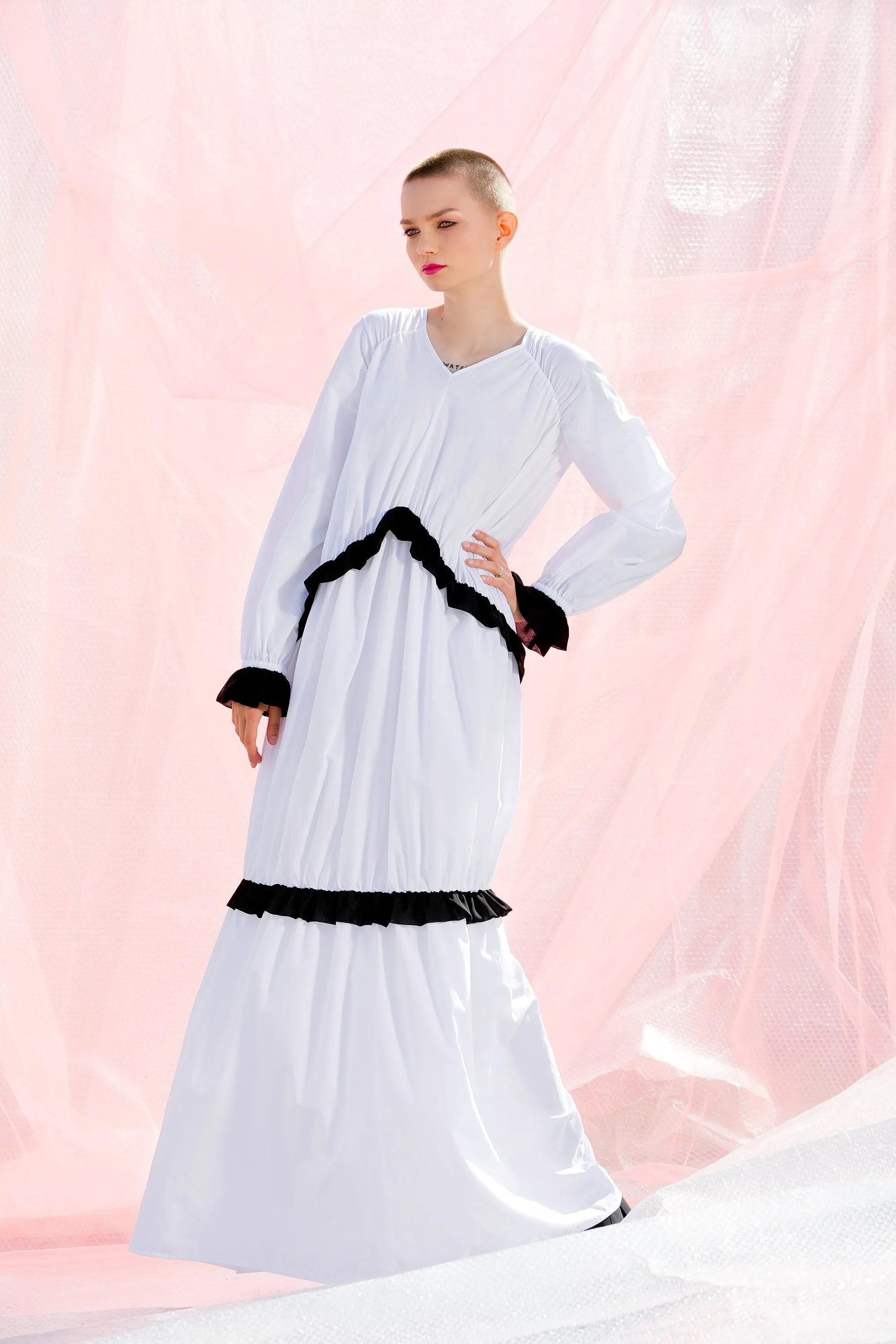 Boho Wedding Dress, Alternative Wedding Dress, White and Black Kaftan Dress, Casual Wedding Dress, Romantic Dress, Plus Size Clothing