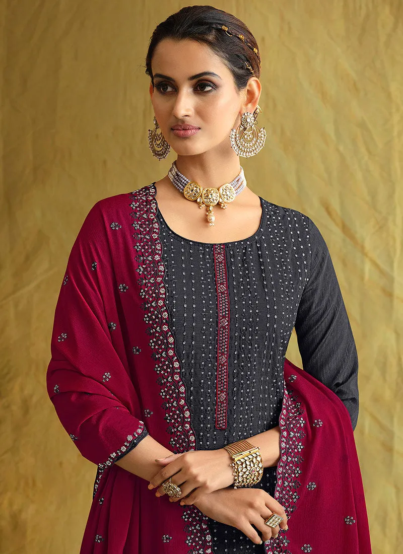 Charcoal And Red Embroidered Palazzo Suit