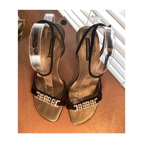 CLAUDIA CIUTI Black Satin Strappy Rhinestone Ankle Wrap Square Toe Y2K Heels 8.5