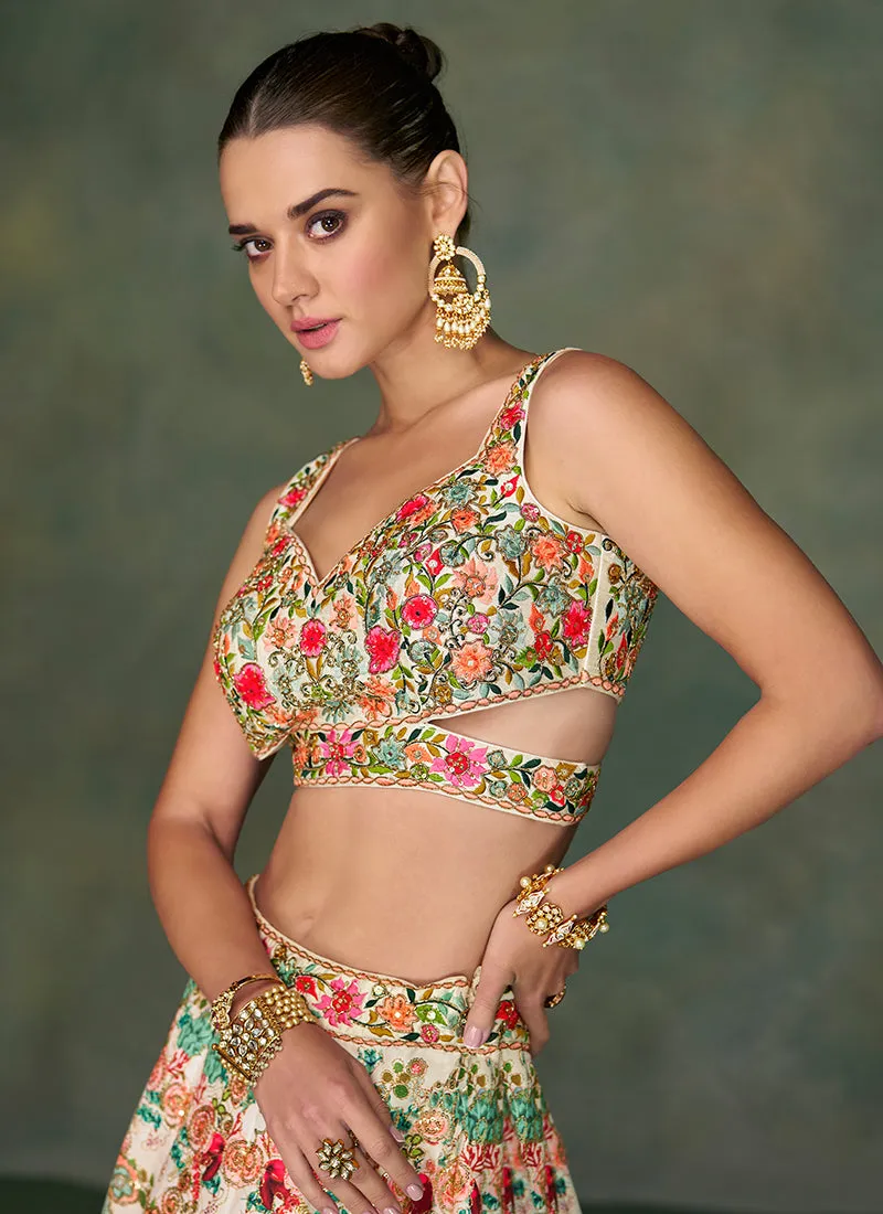 Cream White Multi Sequence Embroidery Wedding Lehenga Choli