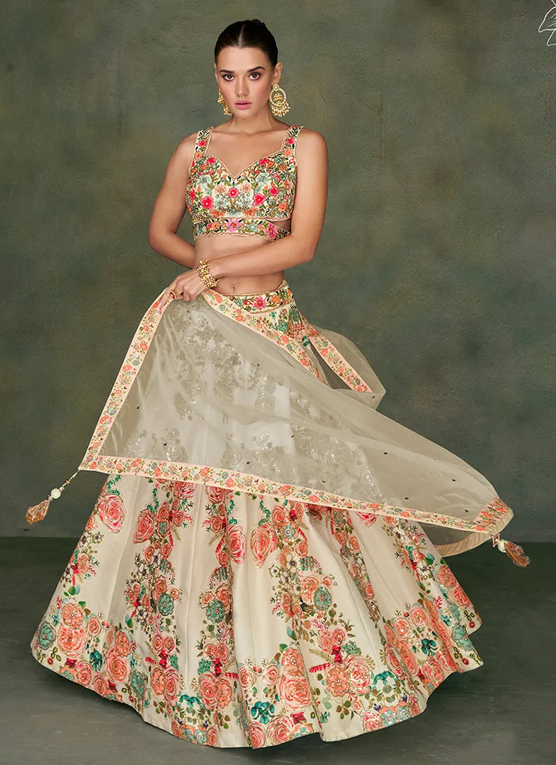 Cream White Multi Sequence Embroidery Wedding Lehenga Choli