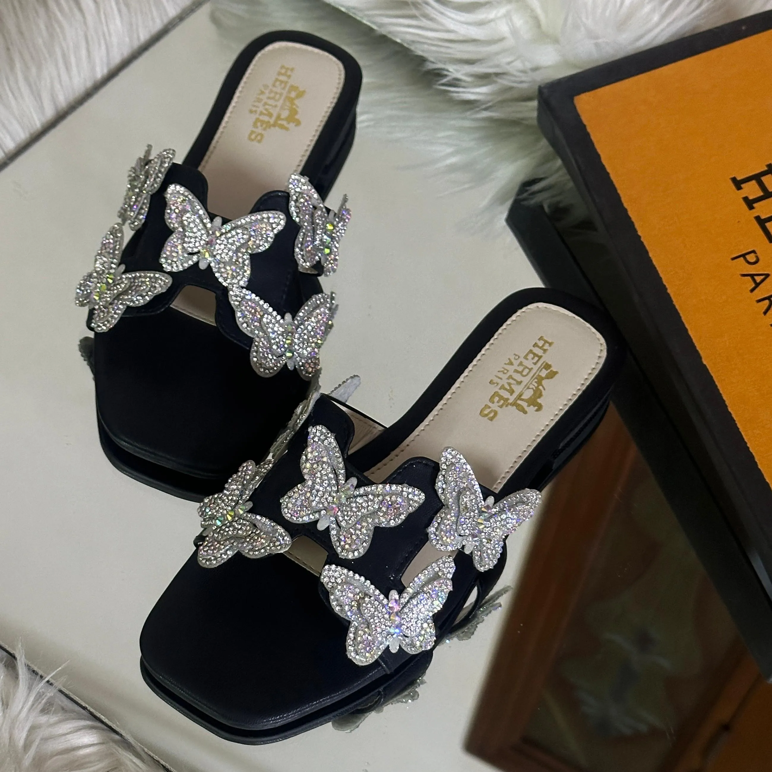 Crystal Butterfly Slides Black