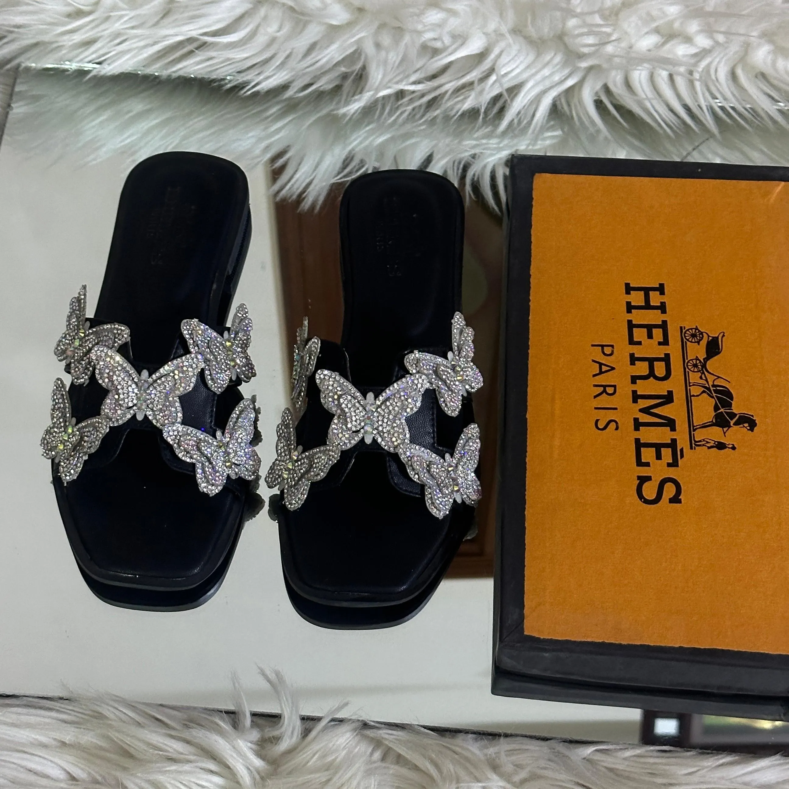 Crystal Butterfly Slides Black
