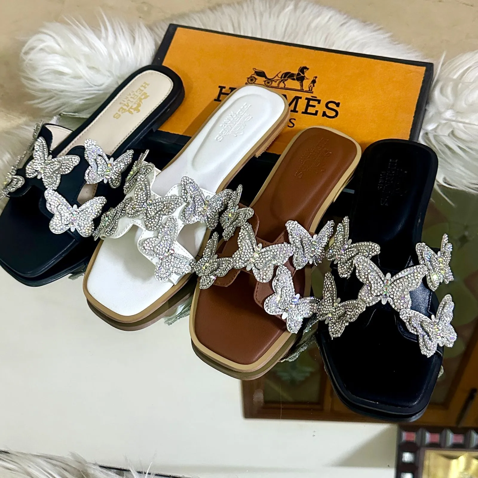 Crystal Butterfly Slides Black
