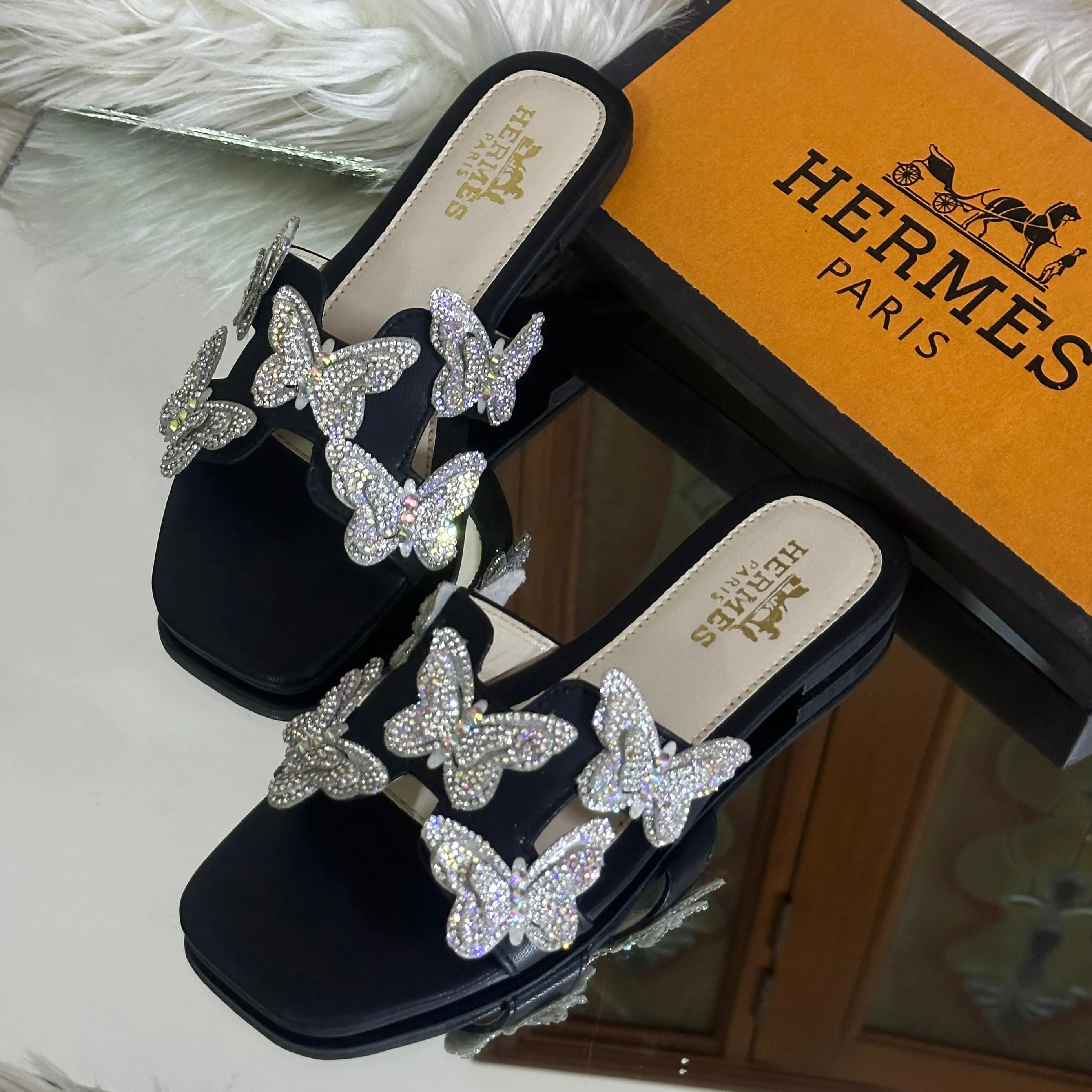 Crystal Butterfly Slides Black