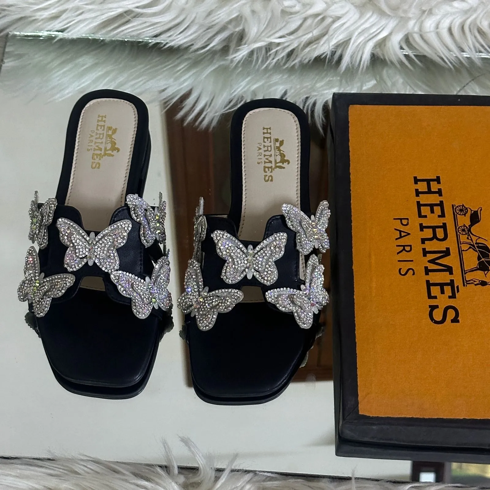 Crystal Butterfly Slides Black