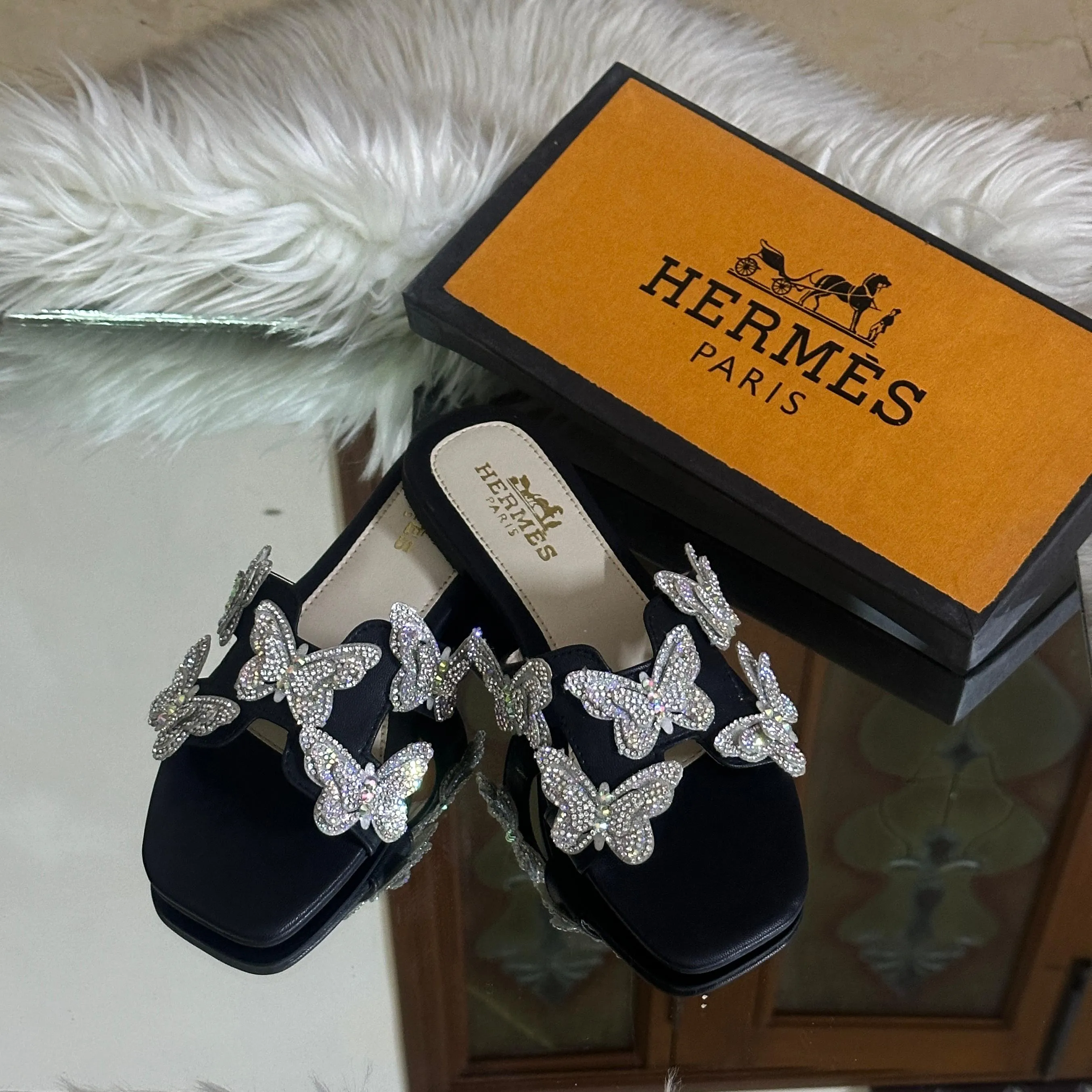 Crystal Butterfly Slides Black