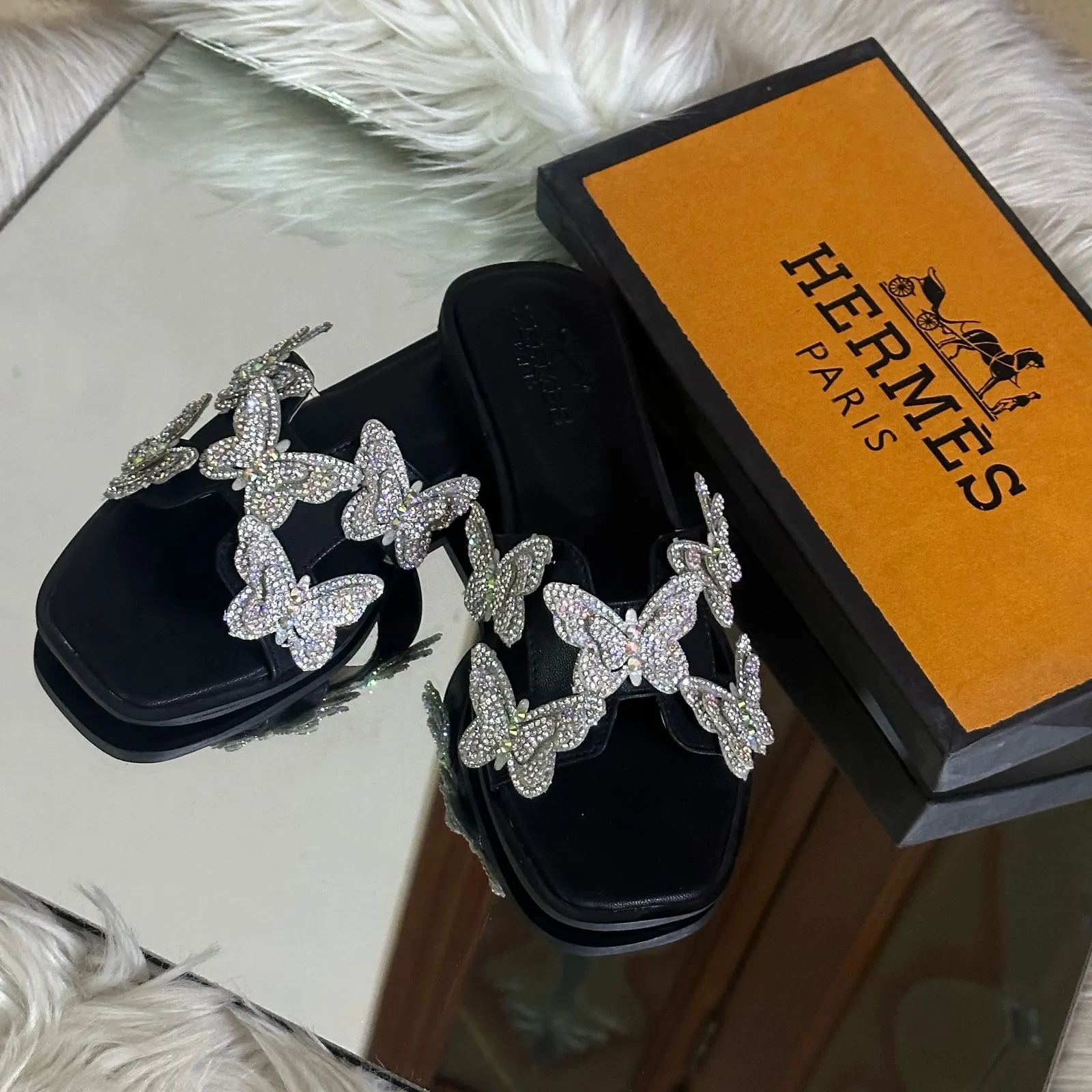 Crystal Butterfly Slides (Full Black)