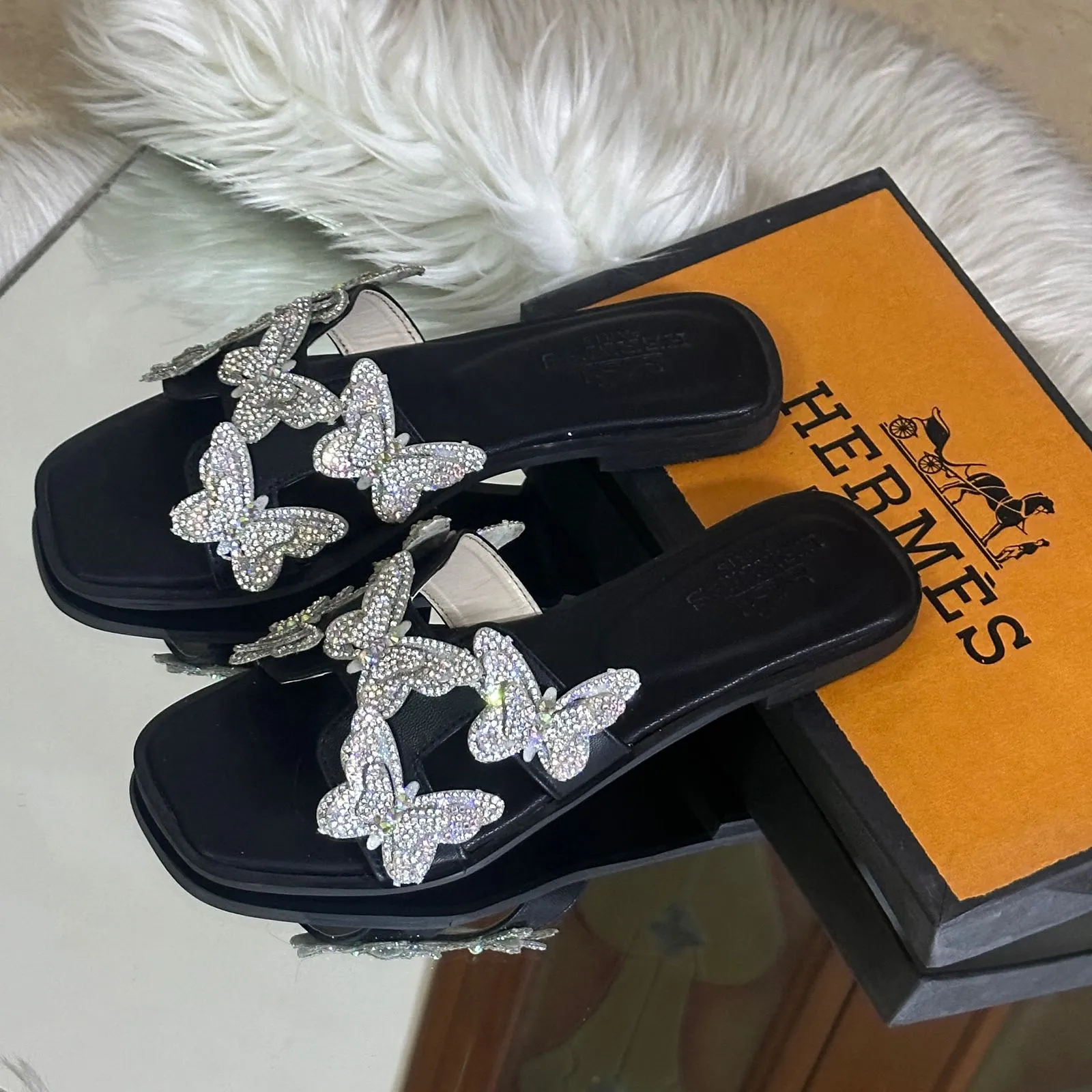 Crystal Butterfly Slides (Full Black)