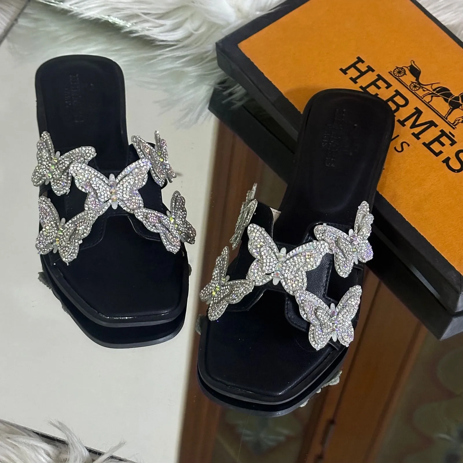 Crystal Butterfly Slides (Full Black)