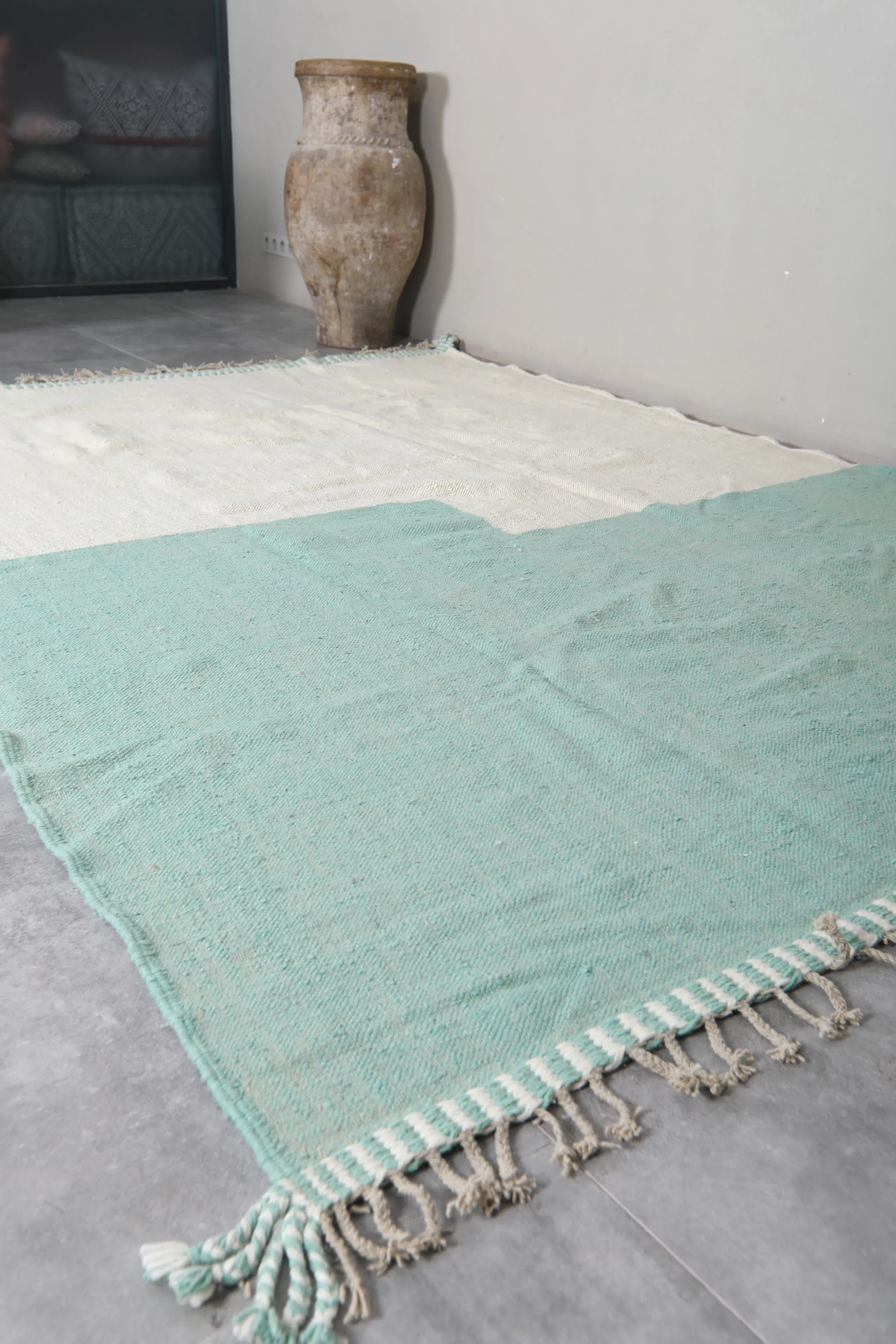 Custom Berber Mint and White Moroccan rug - Flat woven wool kilim