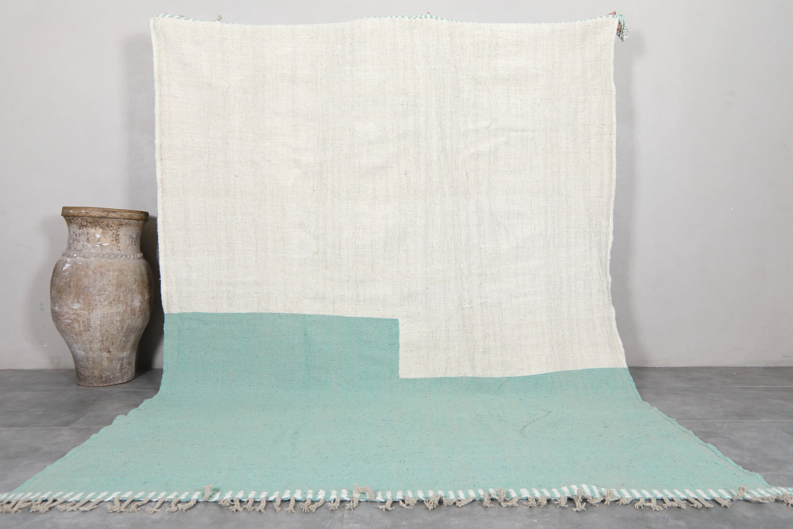 Custom Berber Mint and White Moroccan rug - Flat woven wool kilim