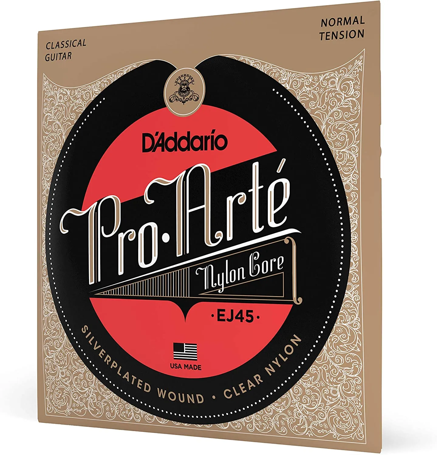 D'Addario Guitar Strings - Pro-Arte Classical Guitar Strings - EJ45 - Nylon Guitar Strings - Silver Plated Wound, Nylon Core - Normal Tension