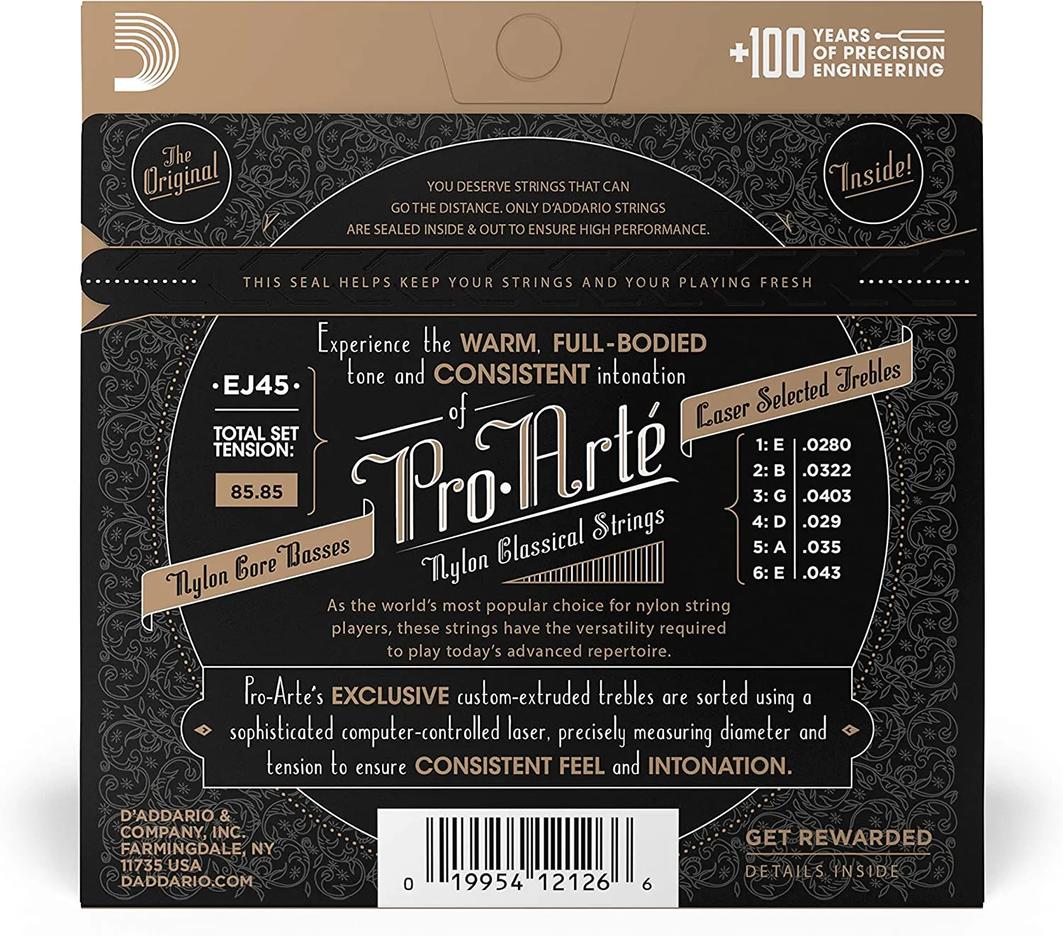 D'Addario Guitar Strings - Pro-Arte Classical Guitar Strings - EJ45 - Nylon Guitar Strings - Silver Plated Wound, Nylon Core - Normal Tension