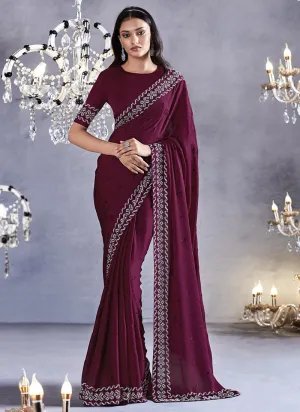 Deep Wine Stone Work Embroidery Wedding Saree