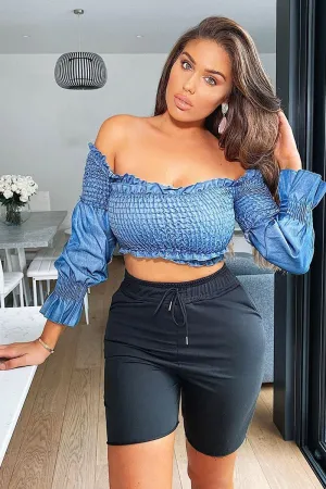 Denim Shirred Wrap Over Bardot Crop Top - Zuri