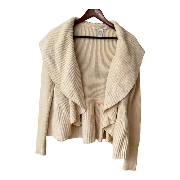 Diane Von Furtsenburg Wool Blend Ruffle Open Front Cardigan in Cream. Size Small