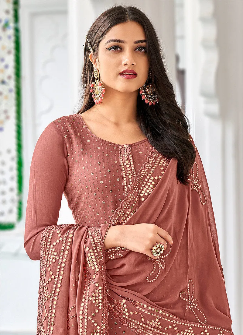 Dusky Pink And Gold Embroidered Georgette Gharara Suit