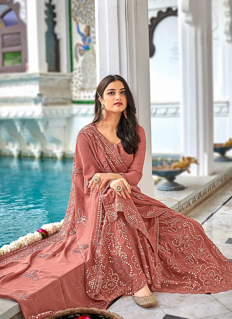 Dusky Pink And Gold Embroidered Georgette Gharara Suit
