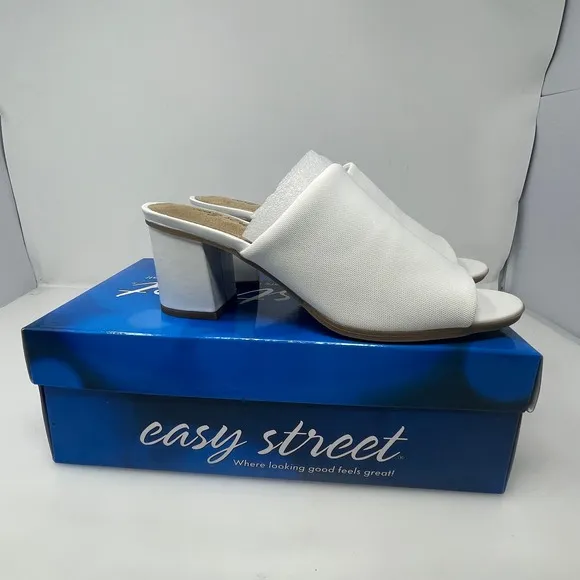 Easy Street Carmella Slip On Heels inWhite Stretch‎ Fabric Size 9 M New