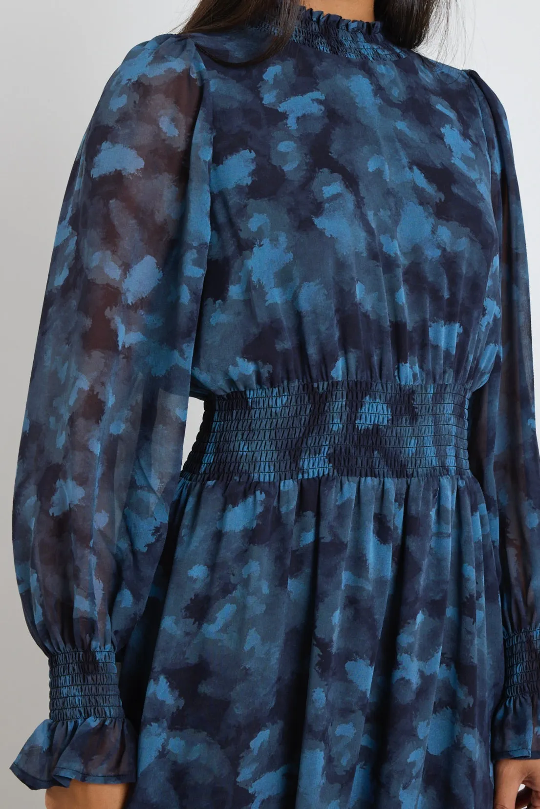 Ebony Blue Smudge LS Shirred Neck Midi Dress