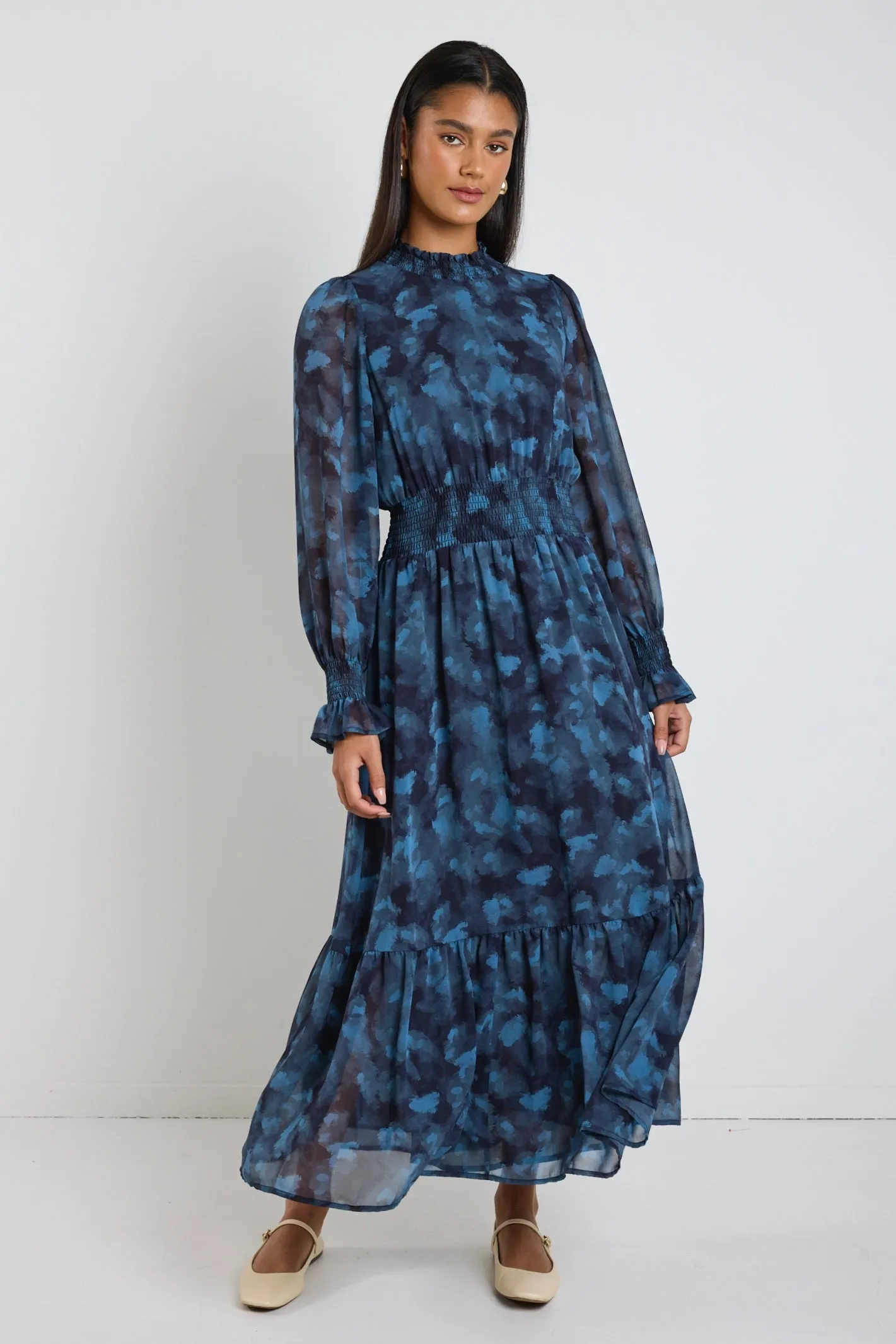 Ebony Blue Smudge LS Shirred Neck Midi Dress