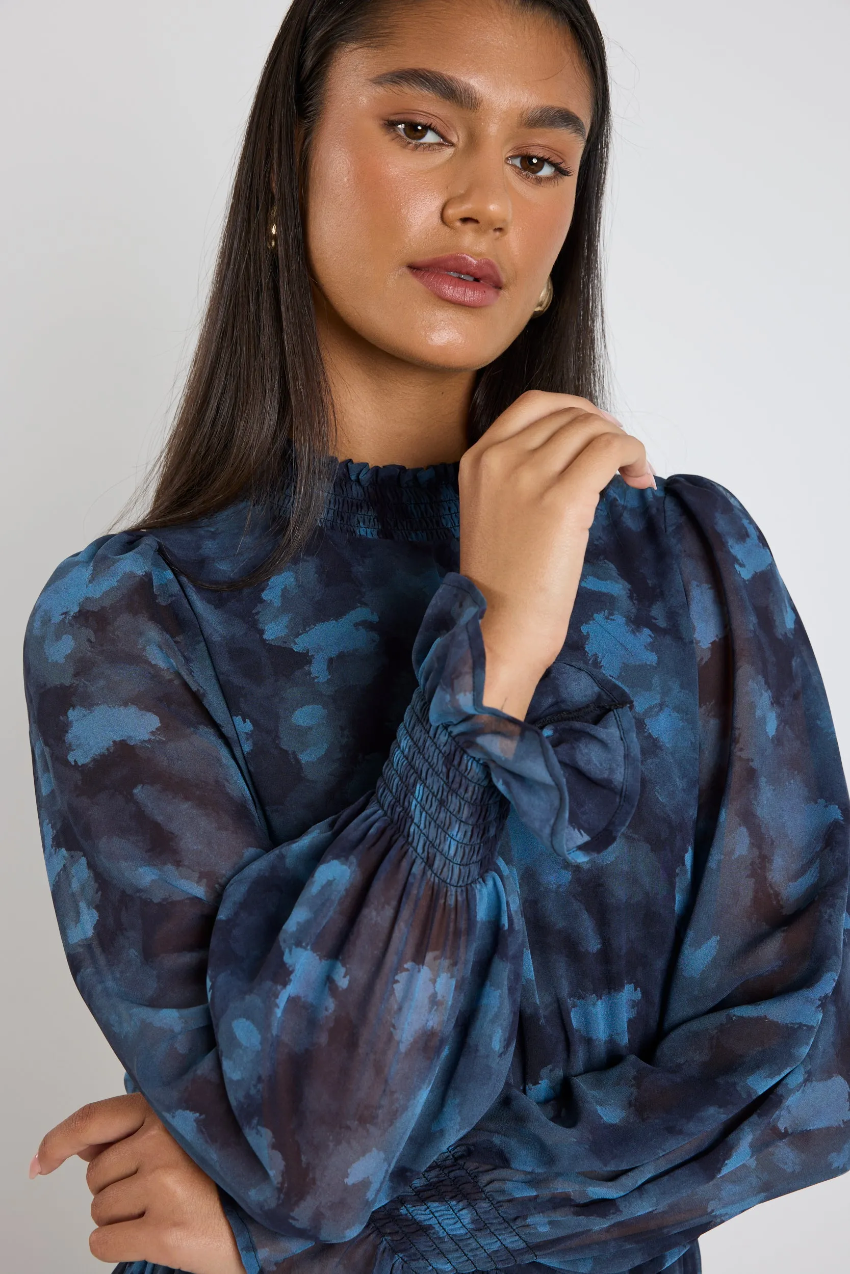 Ebony Blue Smudge LS Shirred Neck Midi Dress