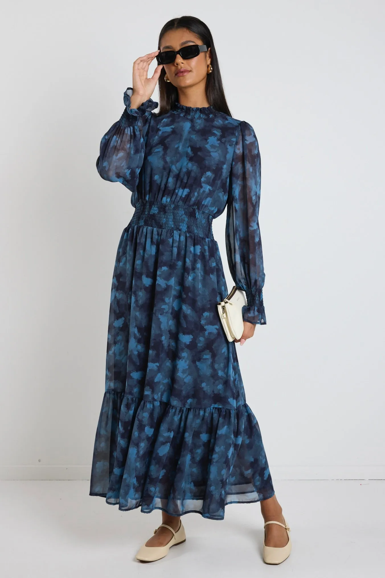 Ebony Blue Smudge LS Shirred Neck Midi Dress