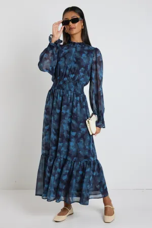 Ebony Blue Smudge LS Shirred Neck Midi Dress