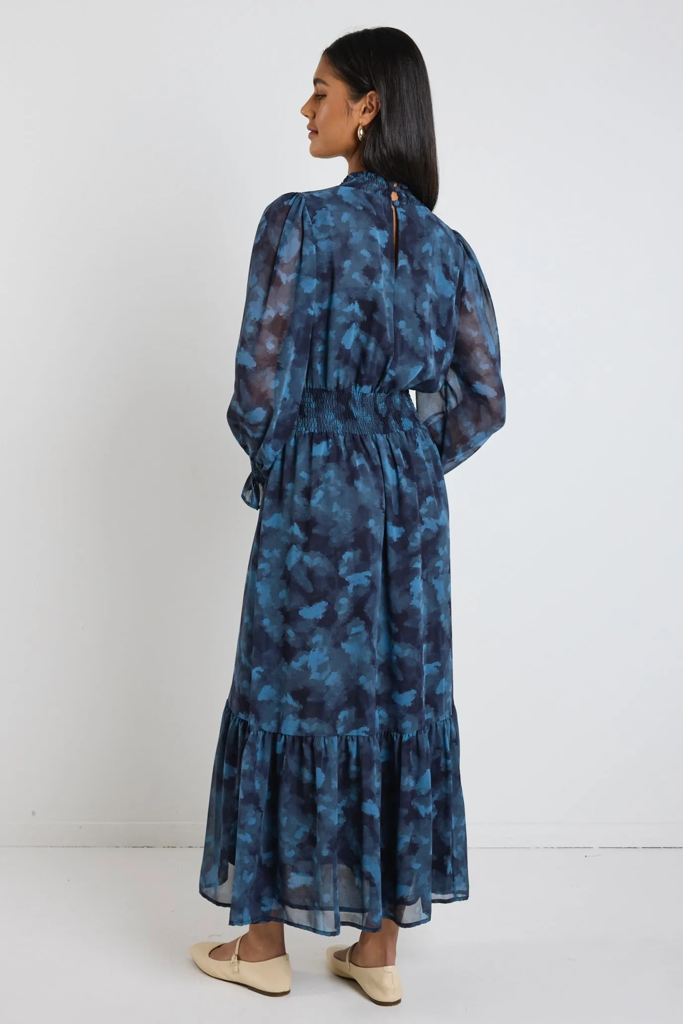 Ebony Blue Smudge LS Shirred Neck Midi Dress