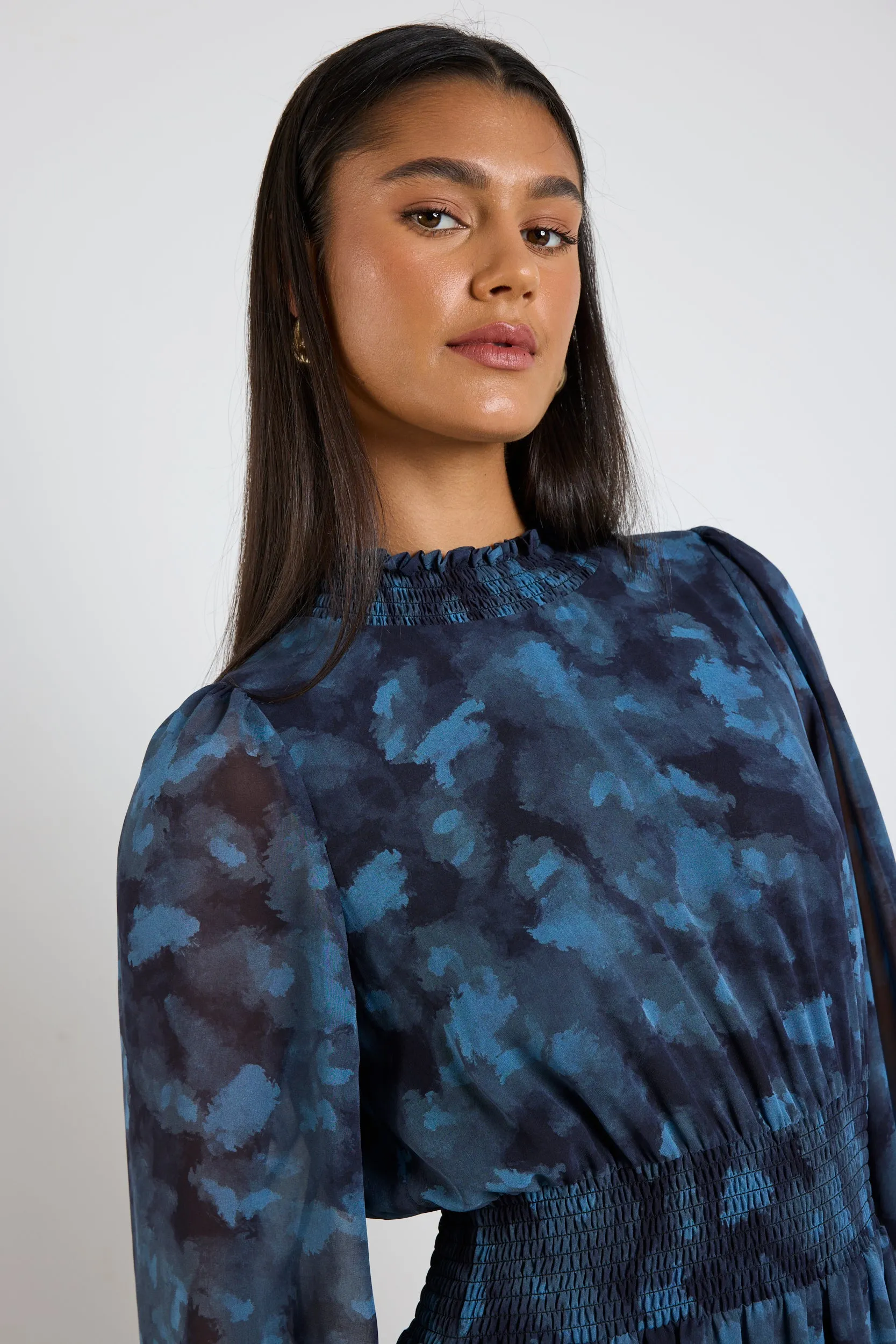 Ebony Blue Smudge LS Shirred Neck Midi Dress