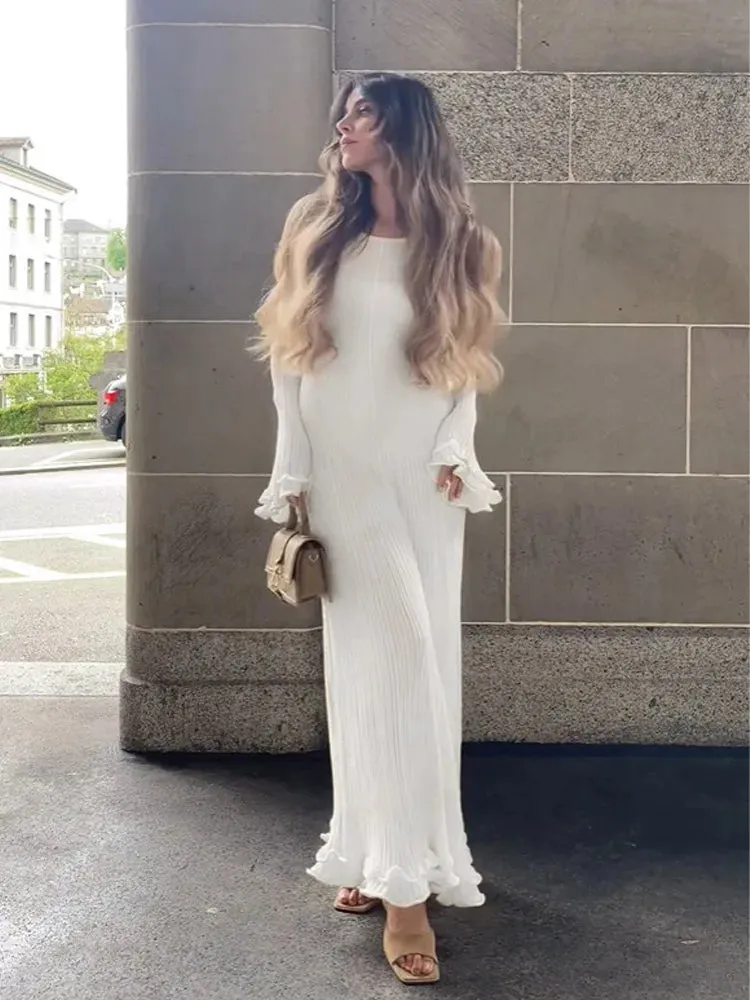 Elegant Solid Ruffles Knitted Dress