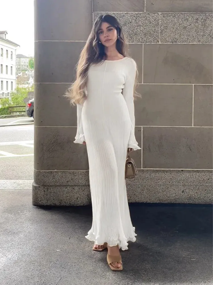 Elegant Solid Ruffles Knitted Dress