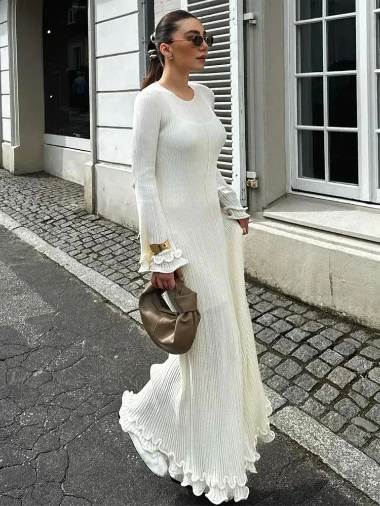 Elegant Solid Ruffles Knitted Dress