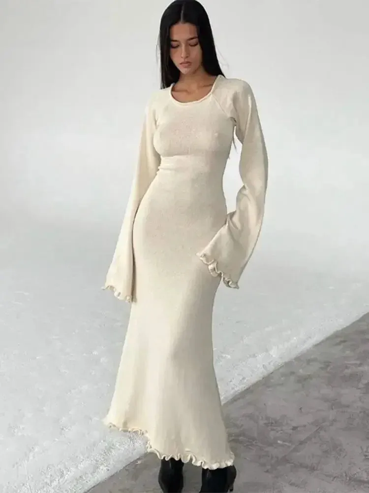 Elegant Solid Ruffles Knitted Dress