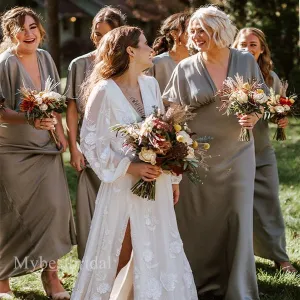 Elegant V-neck Half-sleeveless A-line Bridesmaid  Dressess, BDS0355