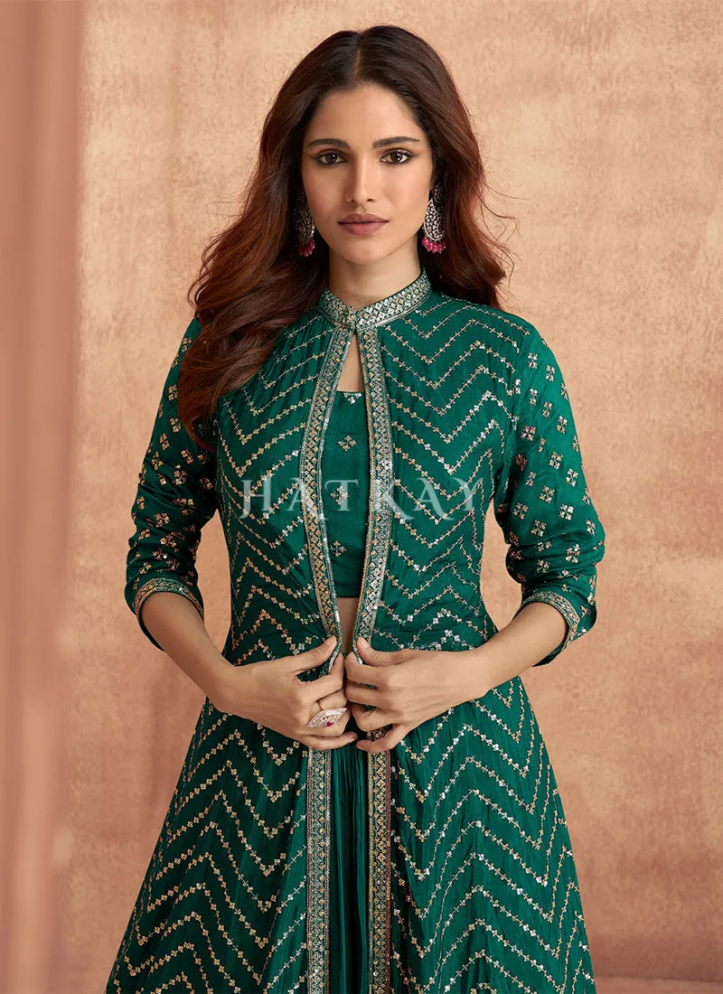 Emerald Green Sequence Embroidered Lehenga Choli And Jacket