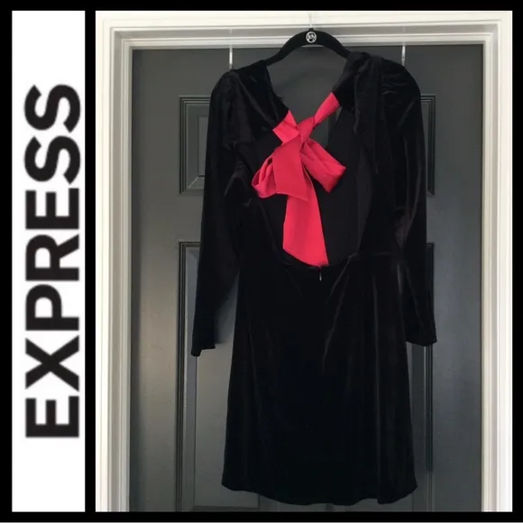 Express Black Velvet Dress with Red Bow