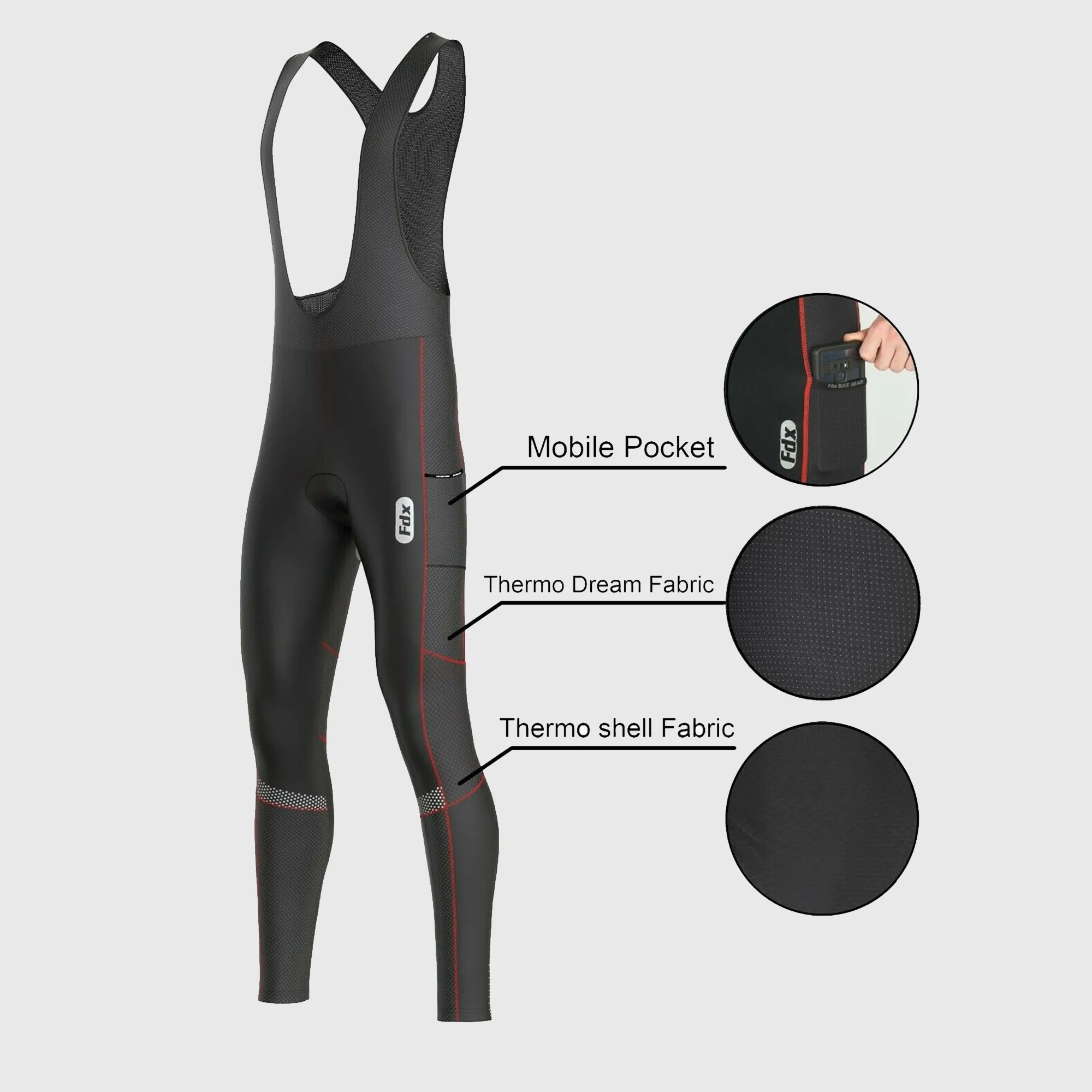Fdx All Day Men's & Boy's Red Thermal Padded Cycling Cargo Bib Tights