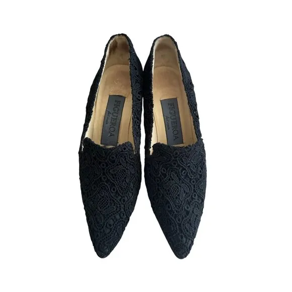 FIGUEROA Vintage Black Lace Loafer Heels Size 5