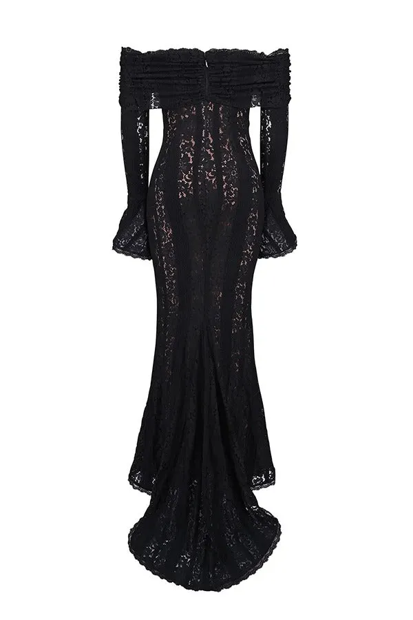 Floral Lace Off Shoulder Flare Sleeve Fishtail Maxi Dresses-White