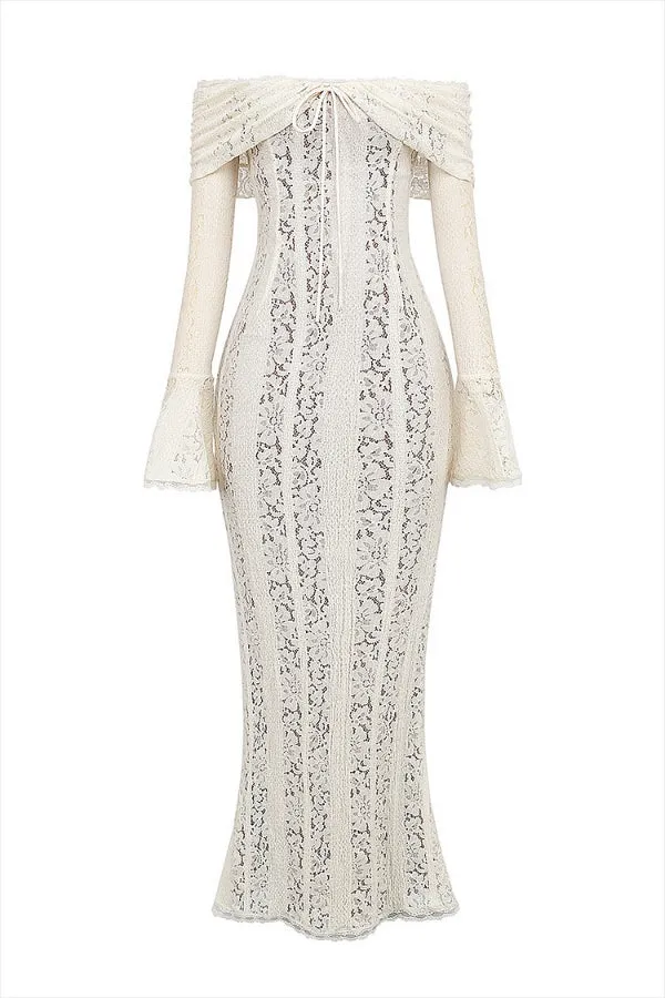 Floral Lace Off Shoulder Flare Sleeve Fishtail Maxi Dresses-White